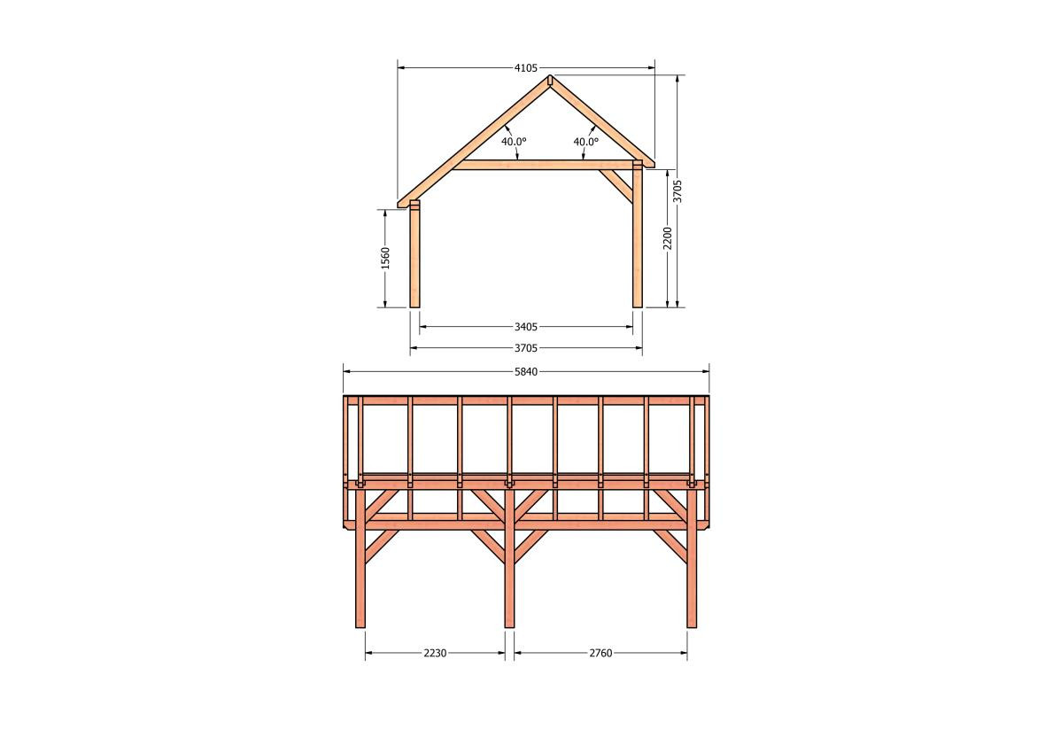 CP-20.1029-houten-kapschuur-constructie-bouwpakket-zelfbouw-bouwtekening-Zij & voor aanzicht