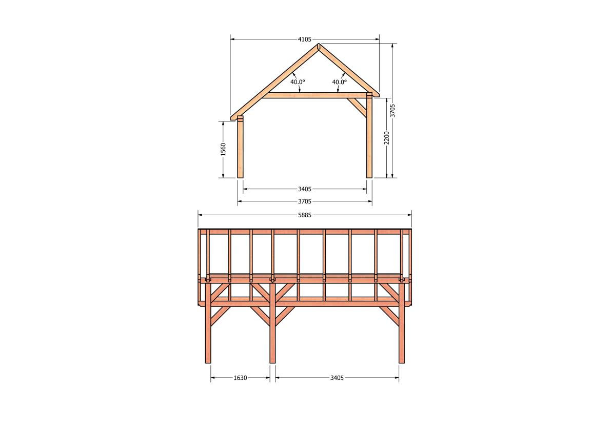 CP-20.1030-houten-kapschuur-constructie-bouwpakket-zelfbouw-bouwtekening-Zij & voor aanzicht