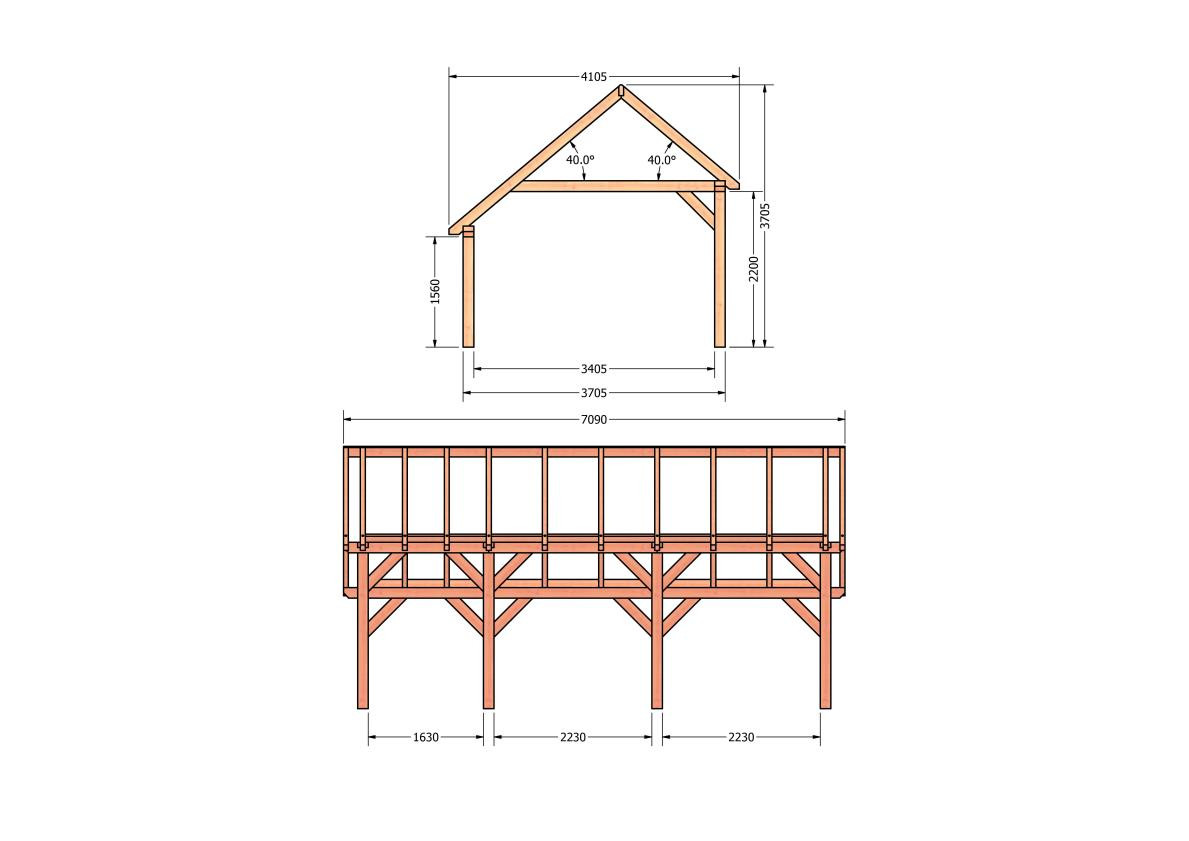 CP-20.1034-houten-kapschuur-constructie-bouwpakket-zelfbouw-bouwtekening-Zij & voor aanzicht