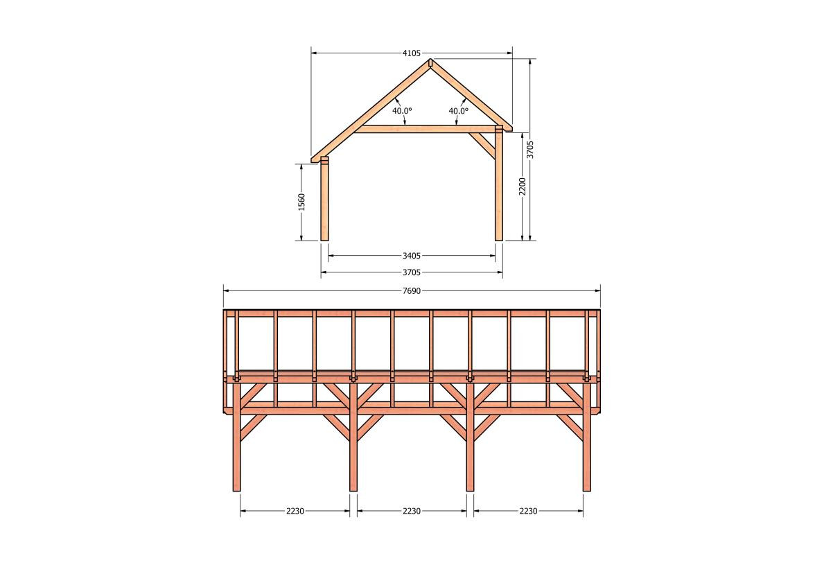 CP-20.1036-houten-kapschuur-constructie-bouwpakket-zelfbouw-bouwtekening-Zij & voor aanzicht