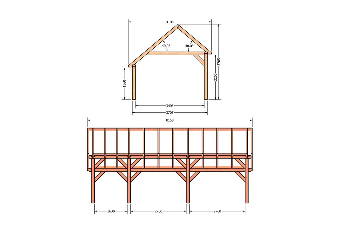 CP-20.1037-houten-kapschuur-constructie-bouwpakket-zelfbouw-bouwtekening-Zij & voor aanzicht
