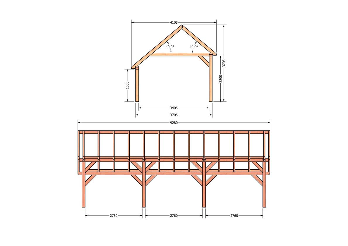 CP-20.1040-houten-kapschuur-constructie-bouwpakket-zelfbouw-bouwtekening-Zij & voor aanzicht
