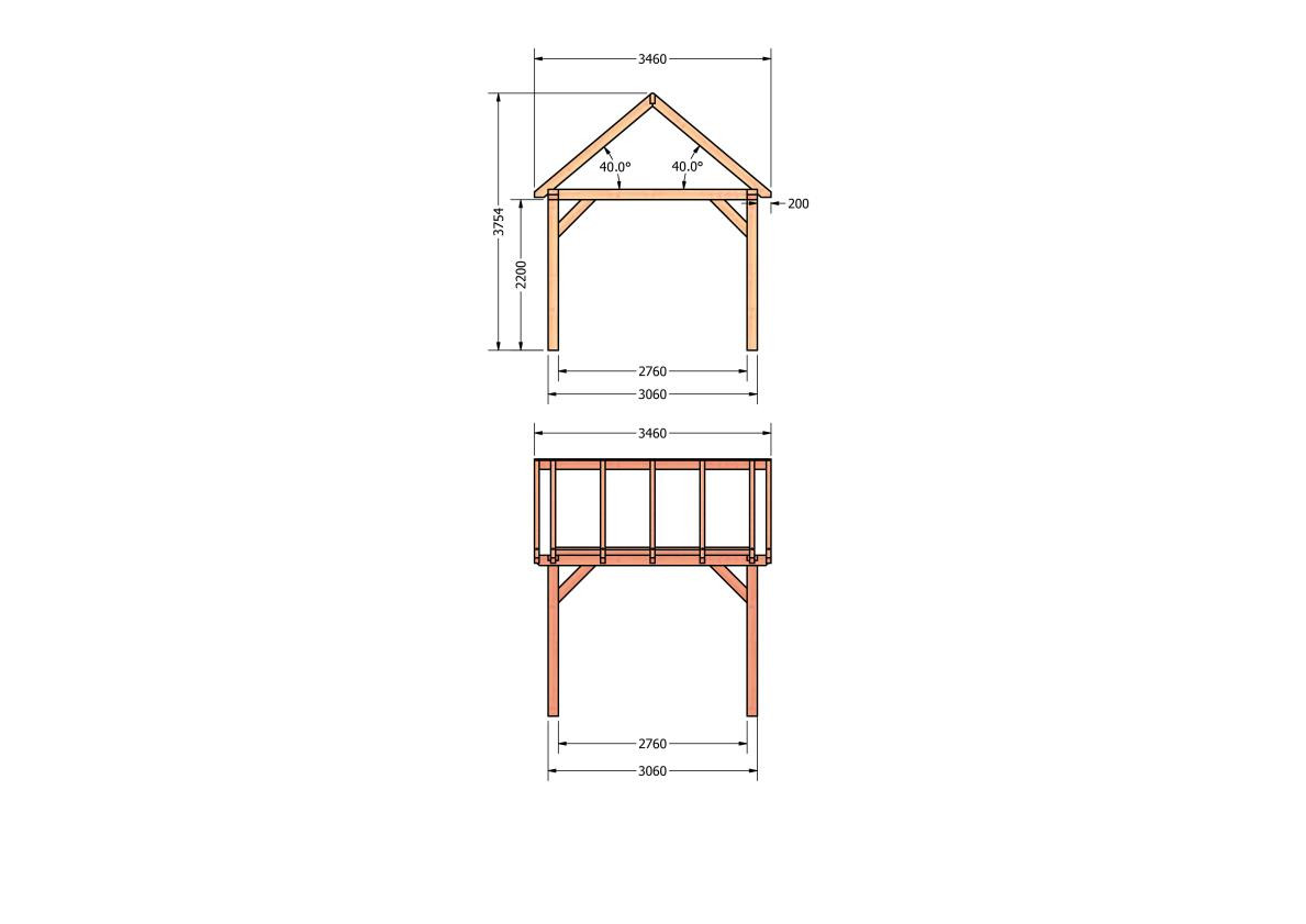 CP-20.2000-houten-schuur-bouwtekening-zelfbouw-constructie-bouwplan-Zij & voor aanzicht
