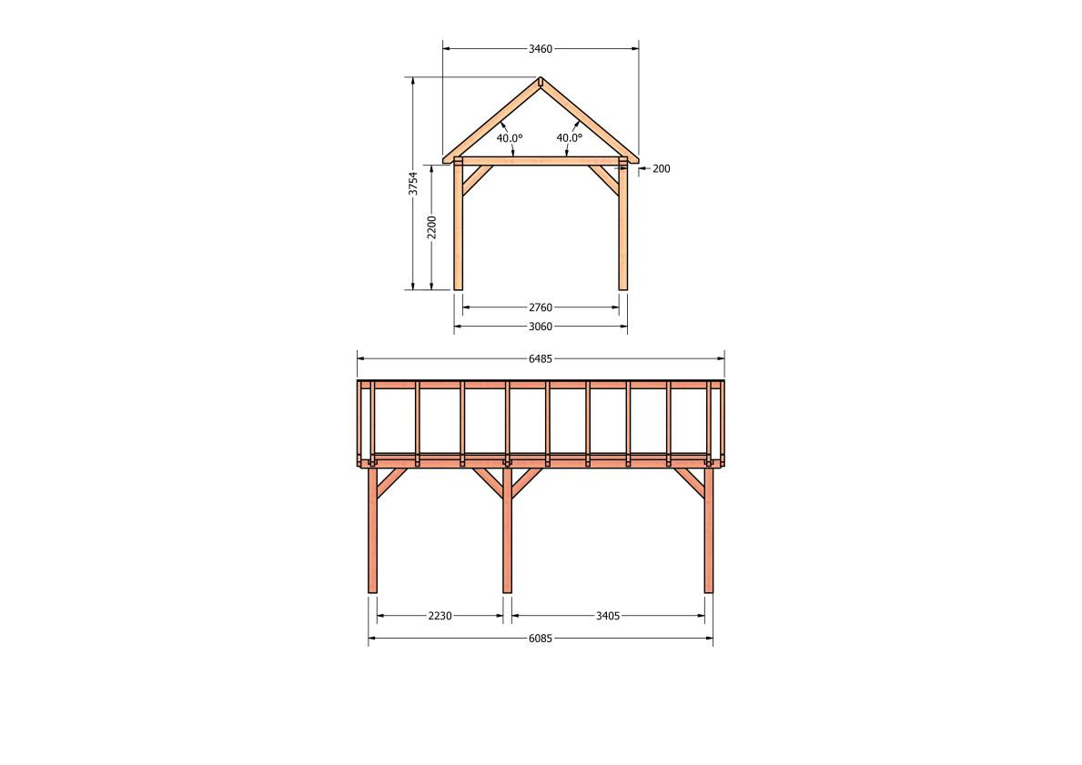 CP-20.2007-houten-schuur-bouwtekening-zelfbouw-constructie-bouwplan-Zij & voor aanzicht
