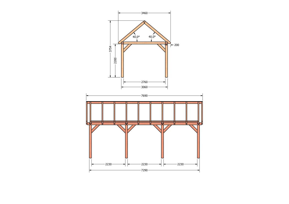 CP-20.2011-houten-schuur-bouwtekening-zelfbouw-constructie-bouwplan-Zij & voor aanzicht