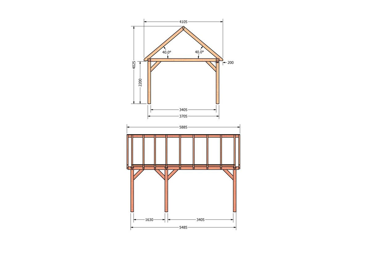 CP-20.2030-douglas-schuur-met-overkapping-bouwen-constructie-zelfbouw-bouwtekening-Zij & voor aanzicht