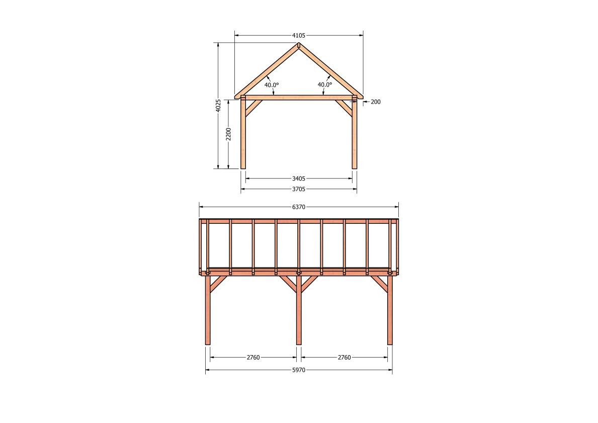 CP-20.2031-douglas-schuur-met-overkapping-bouwen-constructie-zelfbouw-bouwtekening-Zij & voor aanzicht