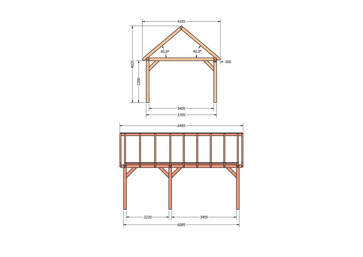 CP-20.2032-douglas-schuur-met-overkapping-bouwen-constructie-zelfbouw-bouwtekening-Zij & voor aanzicht
