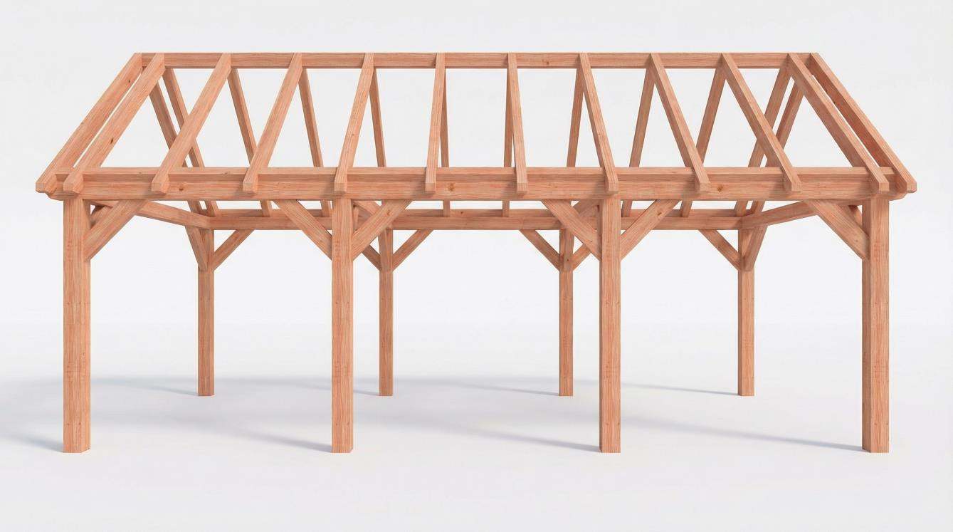 CP-20.2037 - Constructiepakket zadeldak - 7690x4105x4030mm - fijnbezaagd Douglas - Voorzijde