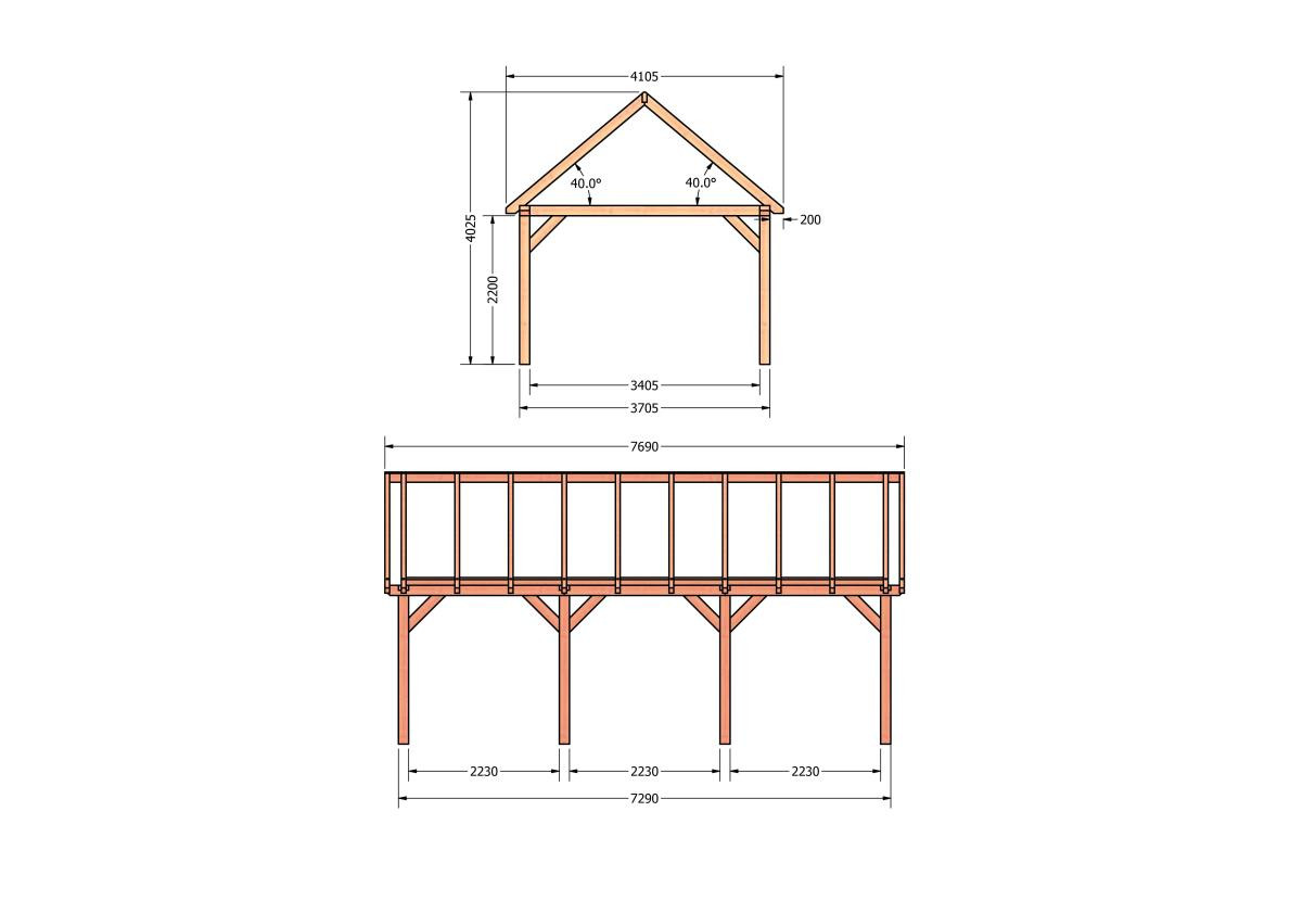 CP-20.2036-douglas-schuur-met-overkapping-bouwen-constructie-zelfbouw-bouwtekening-Zij & voor aanzicht