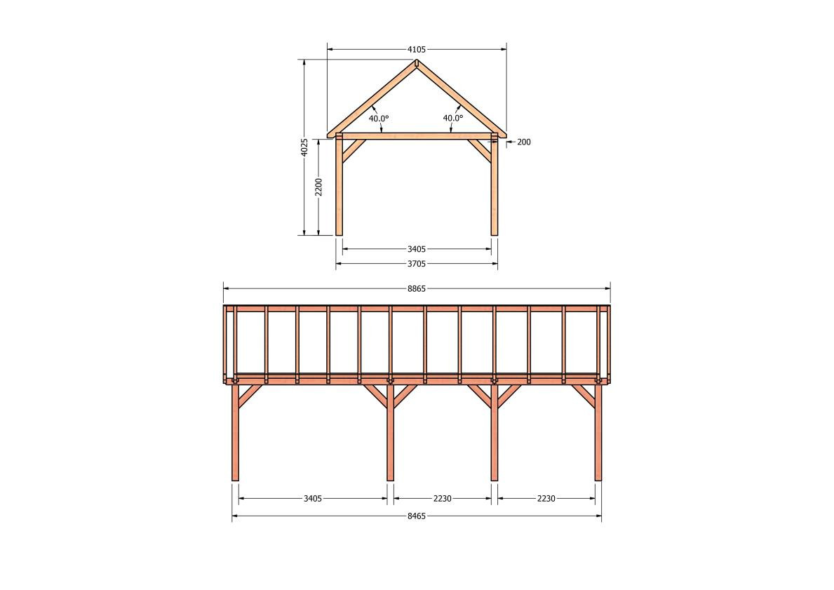 CP-20.2039-douglas-schuur-met-overkapping-bouwen-constructie-zelfbouw-bouwtekening-Zij & voor aanzicht