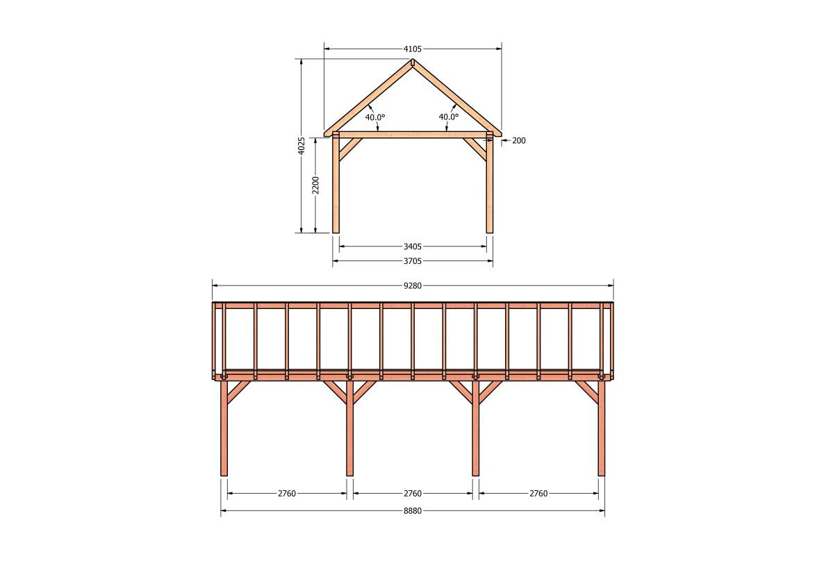 CP-20.2040-douglas-schuur-met-overkapping-bouwen-constructie-zelfbouw-bouwtekening-Zij & voor aanzicht