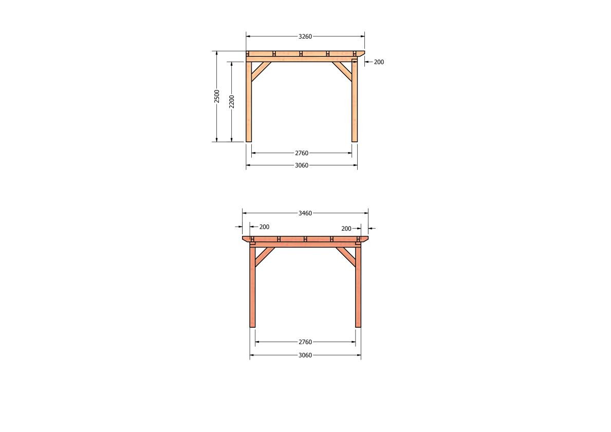 CP-10.2000-houten-veranda-bouwpakket-douglas-constructie-bouwtekening-Zij & voor aanzicht