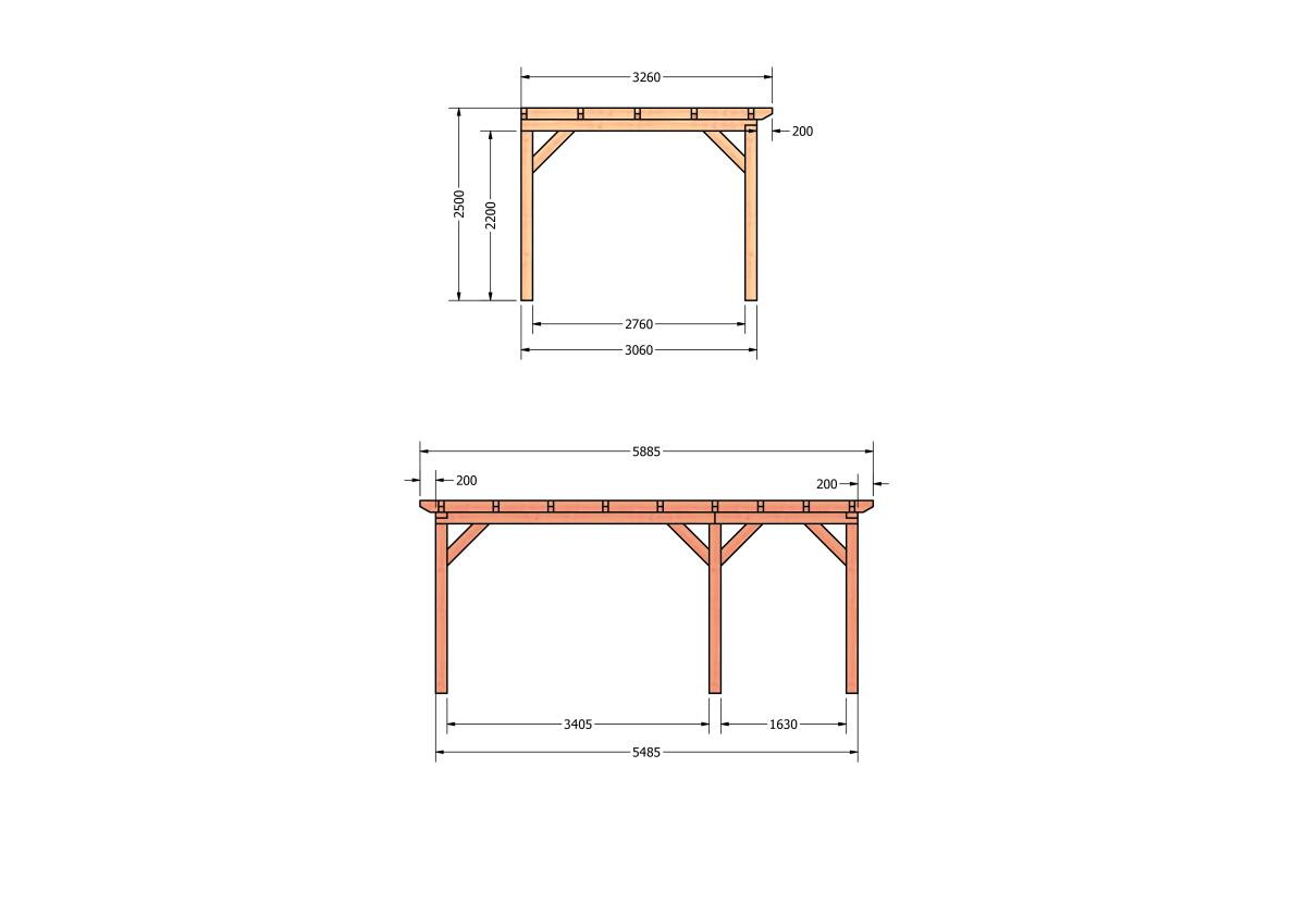 CP-10.2008-houten-veranda-bouwpakket-douglas-constructie-bouwtekening-Zij & voor aanzicht