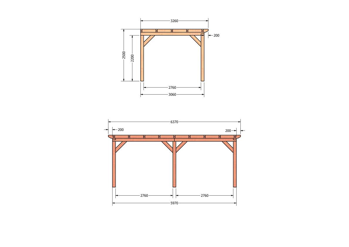 CP-10.2009-houten-veranda-bouwpakket-douglas-constructie-bouwtekening-Zij & voor aanzicht