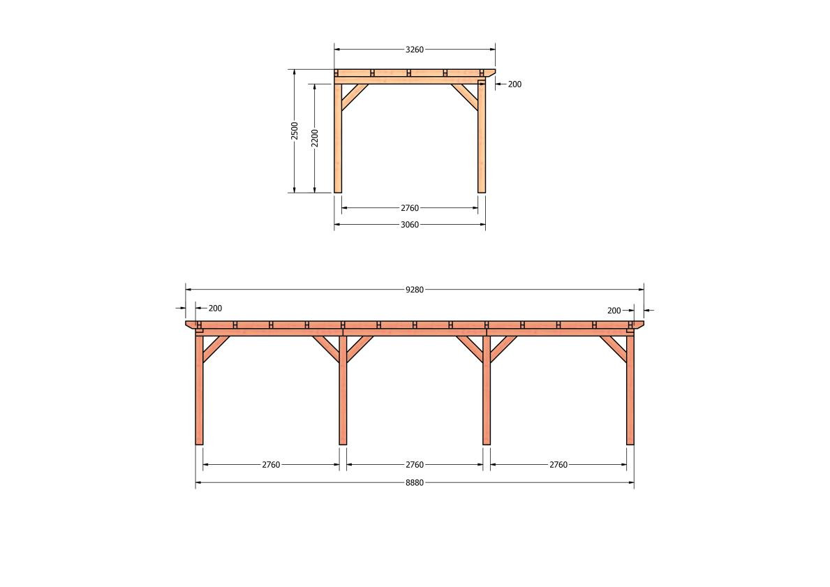CP-10.2024-douglas-veranda-tuin-overkapping-bouwpakket-bouwtekening-zelfbouw-Zij & voor aanzicht