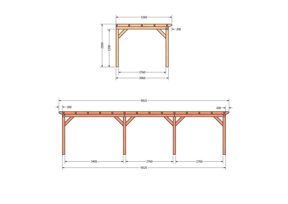 CP-10.2025-douglas-veranda-tuin-overkapping-bouwpakket-bouwtekening-zelfbouw-Zij & voor aanzicht