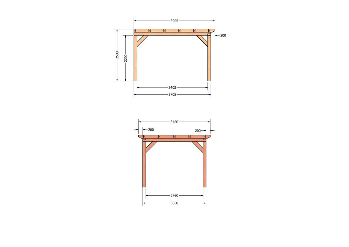 CP-10.2050-douglas-veranda-tuin-overkapping-bouwpakket-bouwtekening-zelfbouw-Zij & voor aanzicht