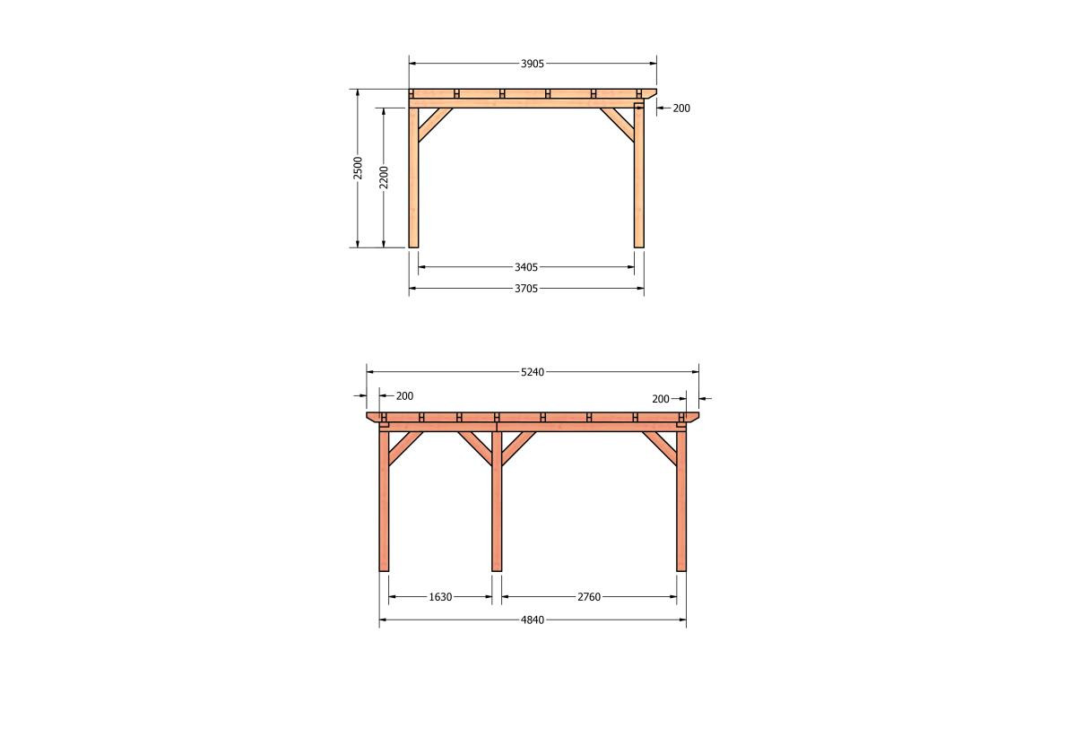 CP-10.2052-douglas-veranda-tuin-overkapping-bouwpakket-bouwtekening-zelfbouw-Zij & voor aanzicht