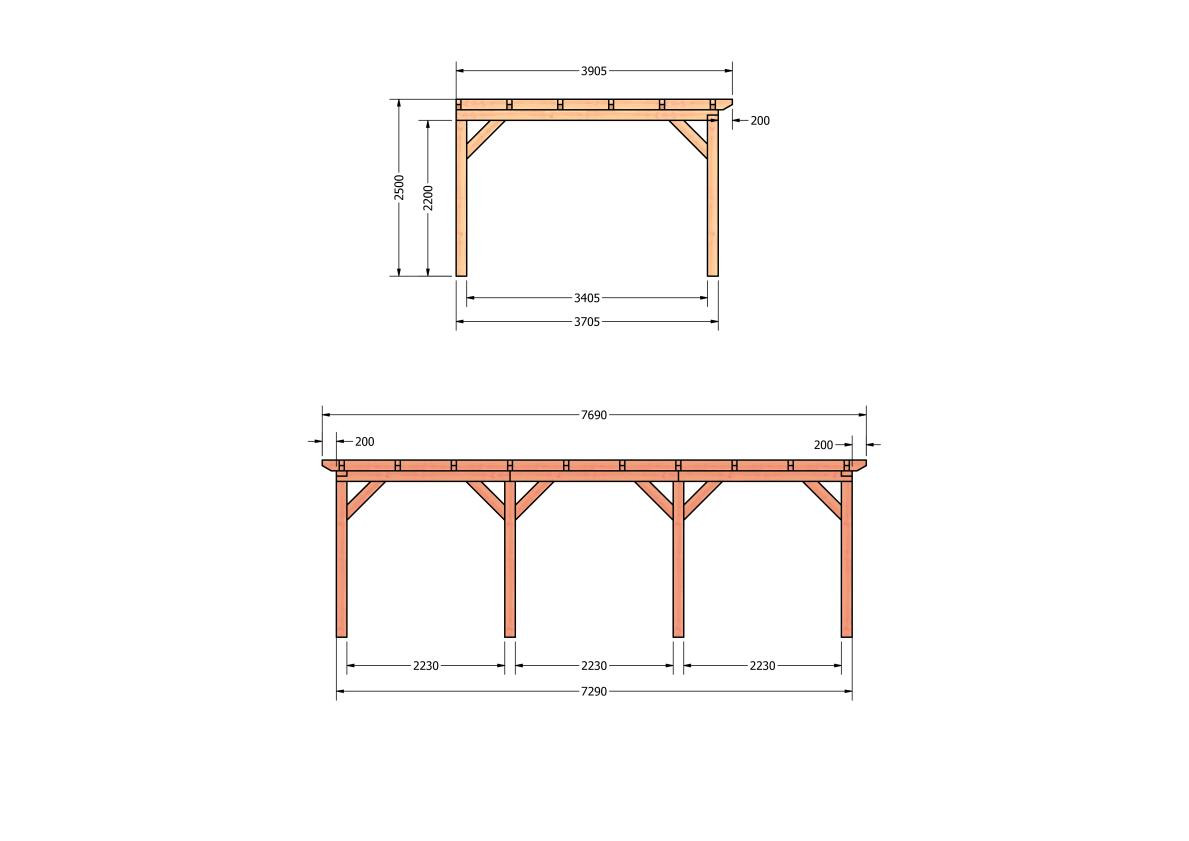 CP-10.2067-douglas-veranda-tuin-overkapping-bouwpakket-bouwtekening-zelfbouw-Zij & voor aanzicht