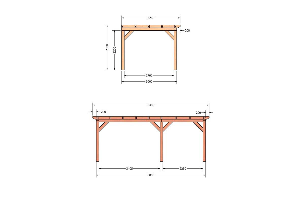 CP-10.2011-houten-veranda-bouwpakket-douglas-constructie-bouwtekening-Zij & voor aanzicht
