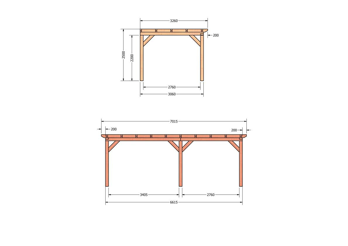 CP-10.2013-houten-veranda-bouwpakket-douglas-constructie-bouwtekening-Zij & voor aanzicht