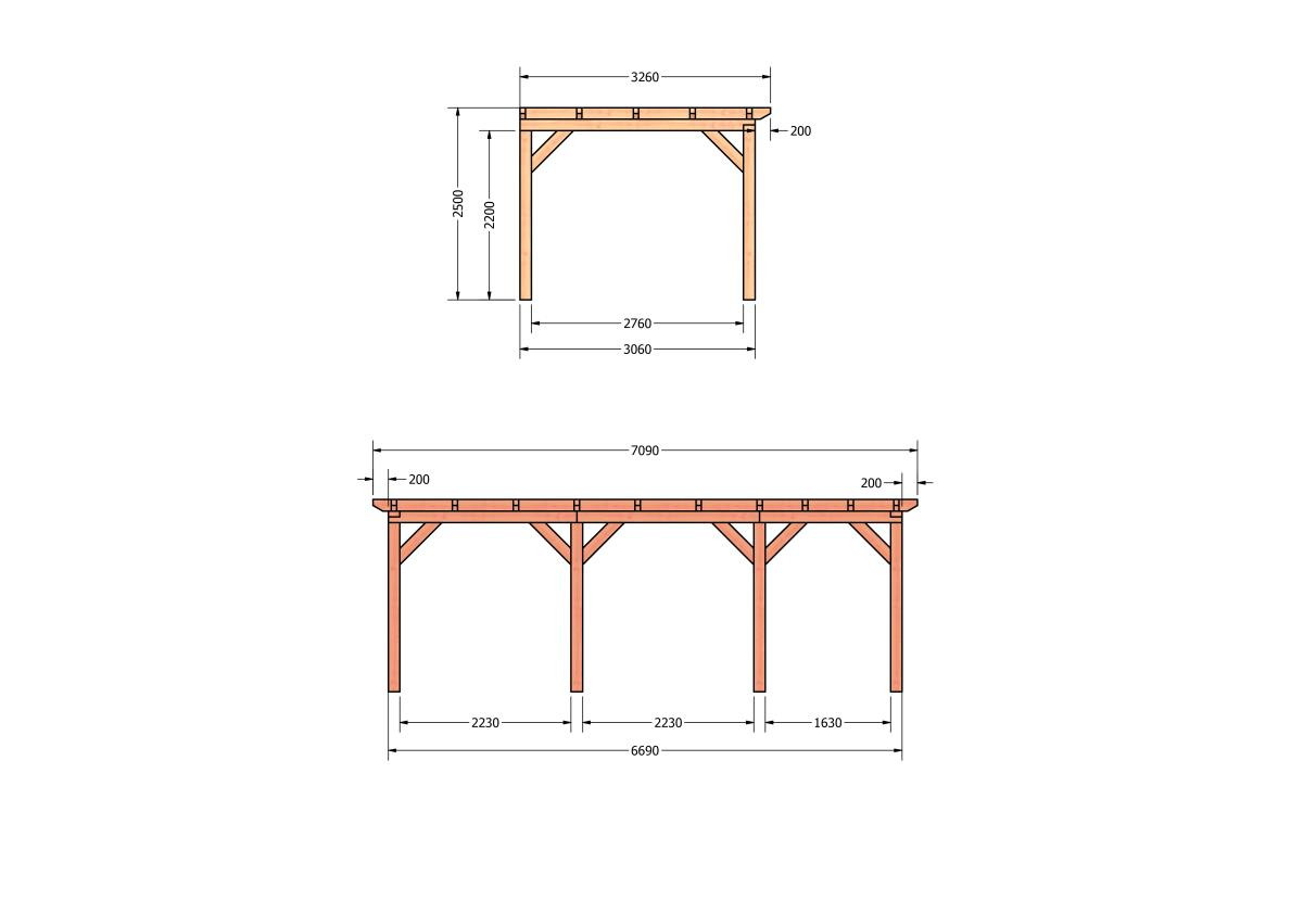 CP-10.2015-houten-veranda-bouwpakket-douglas-constructie-bouwtekening-Zij & voor aanzicht