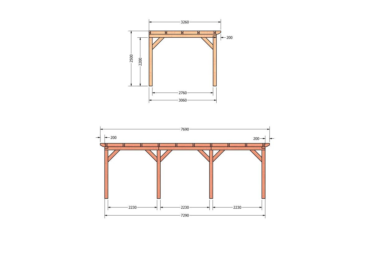 CP-10.2017-houten-veranda-bouwpakket-douglas-constructie-bouwtekening-Zij & voor aanzicht