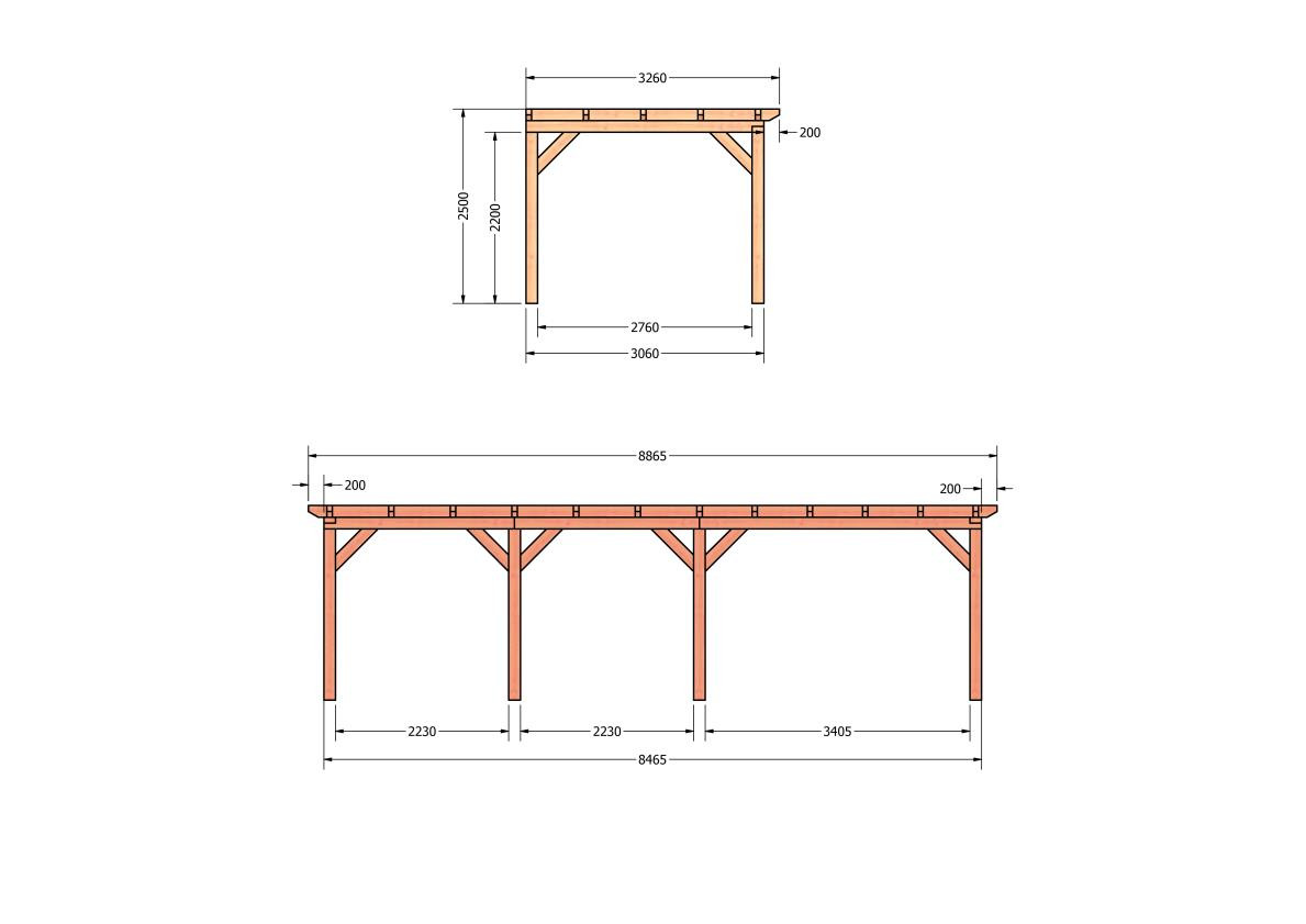 CP-10.2023-douglas-veranda-tuin-overkapping-bouwpakket-bouwtekening-zelfbouw-Zij & voor aanzicht