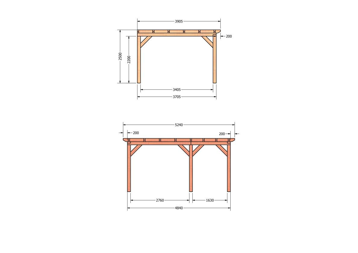 CP-10.2053-douglas-veranda-tuin-overkapping-bouwpakket-bouwtekening-zelfbouw-Zij & voor aanzicht