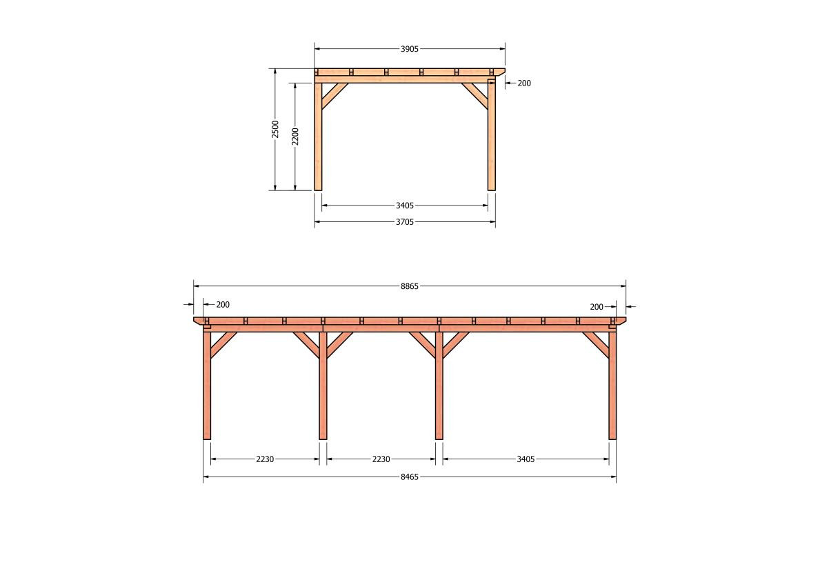 CP-10.2073-douglas-veranda-tuin-overkapping-bouwpakket-bouwtekening-zelfbouw-Zij & voor aanzicht