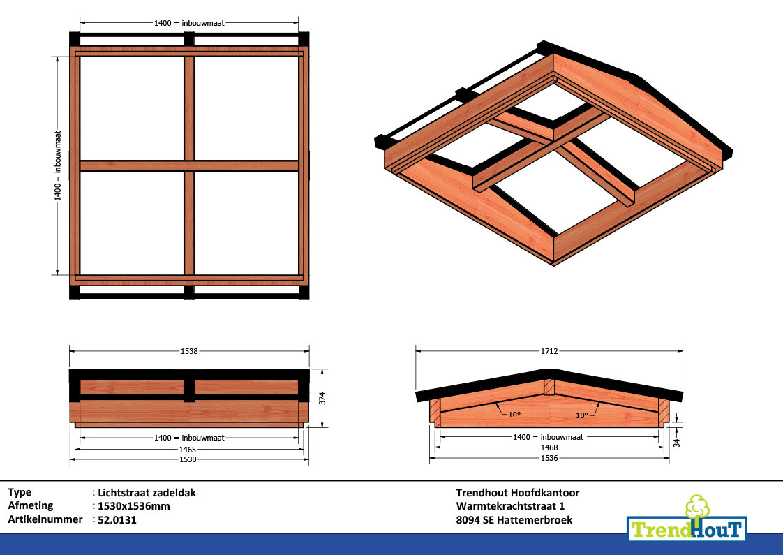 52.0132 - Lichtstraat zadeldak 1530x1536mm