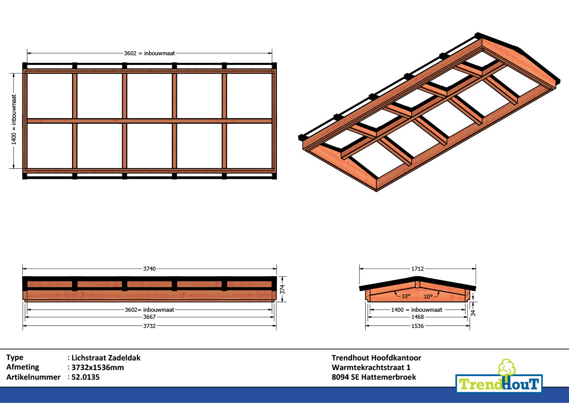 52.0135 - Lichtstraat zadeldak 3732x1536mm