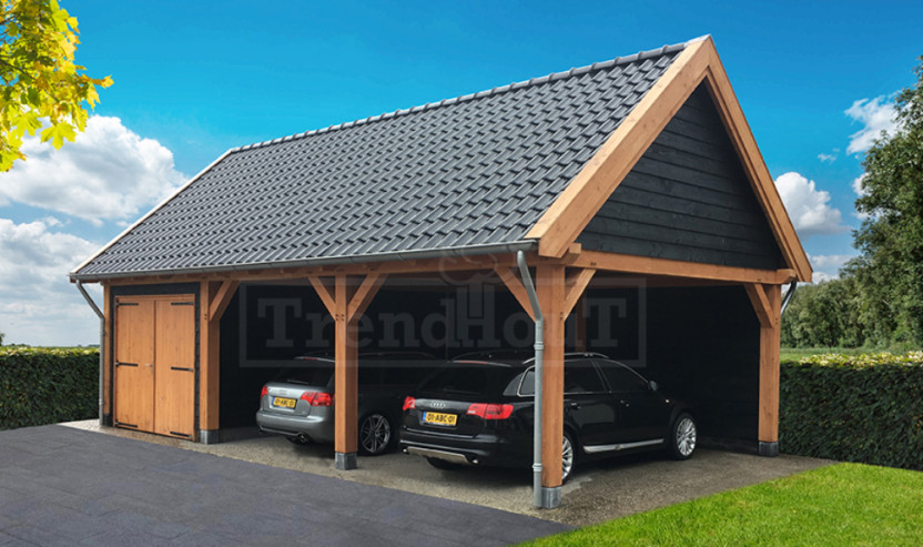 Trendhout-douglas-houten-schuur-garage-met-dubbele-carport-op-maat-kopen-en-laten-bouwen-bouwpakket-prefab-Heemstede
