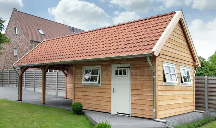 Trendhout-grote-douglas-houten-schuur-met-zolder-en-overkapping-carport-bouwen-kopen-bouwpakket-Voorschoten