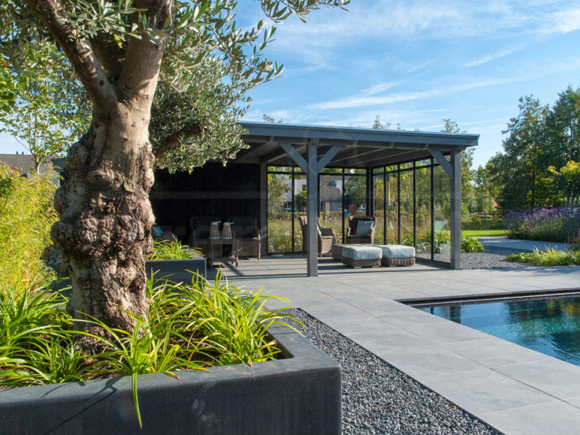 landelijke-douglas-in-kleur-gespoten-houten-overkapping-poolhouse-laten-bouwen-bouwpakket-Trendhout-Siena-Zwolle-met-steel-look