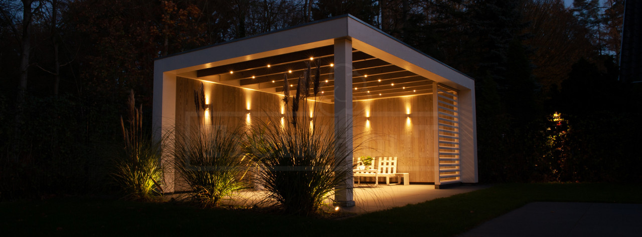 modern-houten-overkappingen-strak-design-douglas-cederhout-trendhout-Verona-met-LED-verlichting-wandlampjes