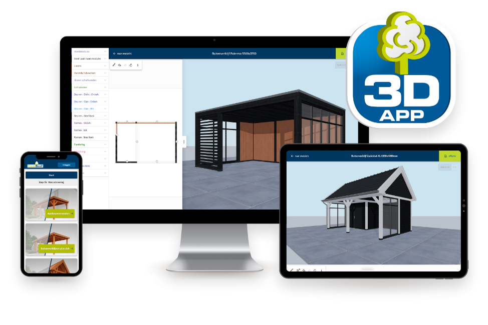 Impressie van de Trendhout 3D App op computer, tablet en telefoon