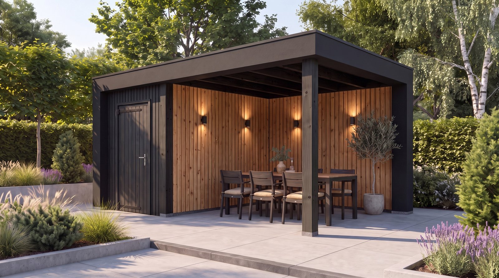 Verona met berging, houten wanden en wandverlichting boven een eettafel